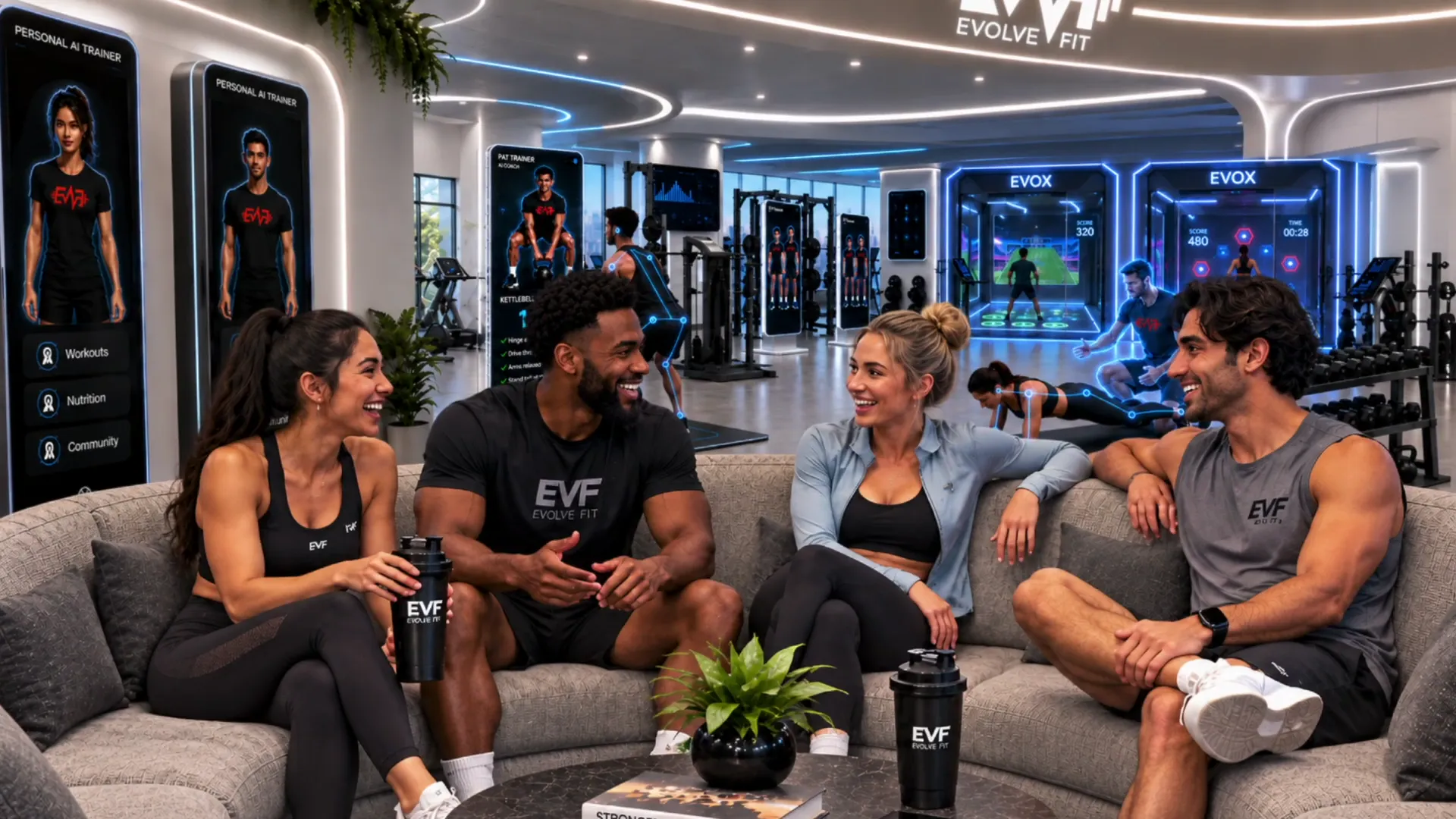 EvolveFit concept showing members relaxing together after their workouts