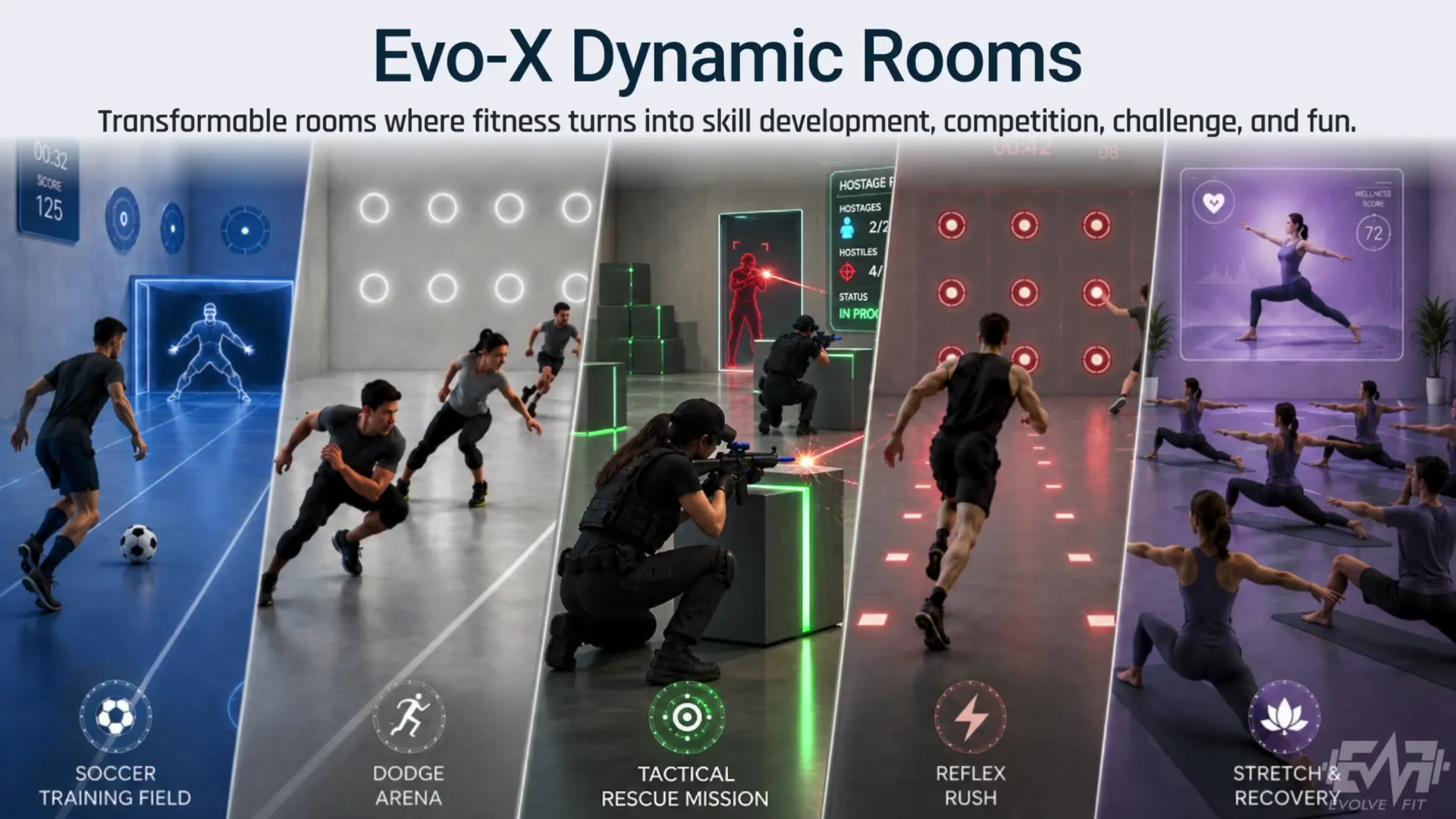 Five Evo-X room concepts: soccer, dodge, tactical missions, reaction training, and recovery