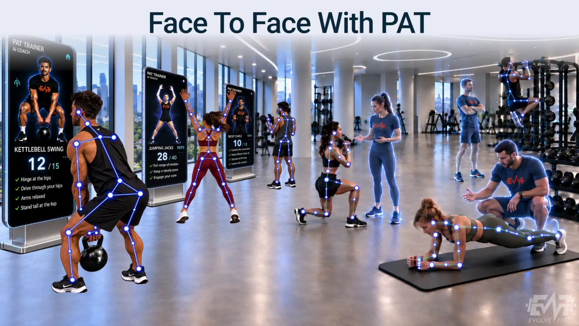 Concept of PAT on gym kiosks displaying exercise guidance and workout statistics